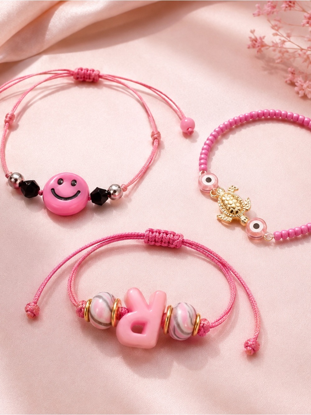 Pink Charm Bracelet Set - Smiley, Turtle & Letter Pink Trio . Set $30.00